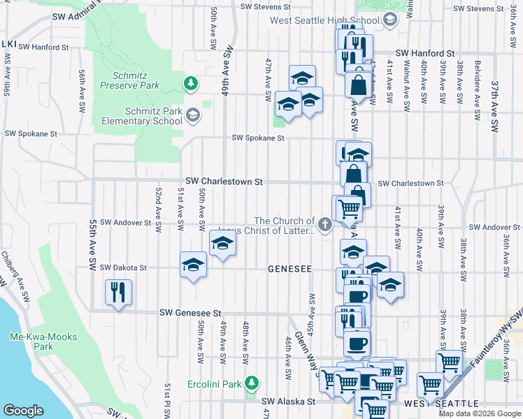 map of restaurants, bars, coffee shops, grocery stores, and more near 3823 47th Avenue Southwest in Seattle