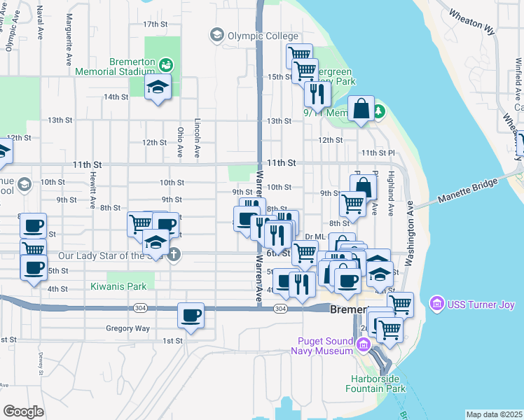map of restaurants, bars, coffee shops, grocery stores, and more near 806 Warren Avenue in Bremerton