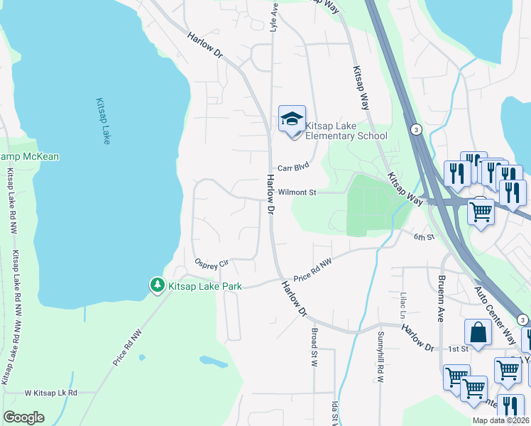 map of restaurants, bars, coffee shops, grocery stores, and more near 7016 Osprey Circle in Bremerton
