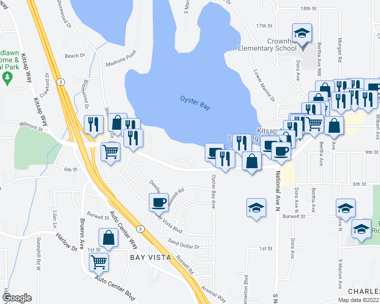 map of restaurants, bars, coffee shops, grocery stores, and more near 936 Lower Oyster Bay Drive in Bremerton