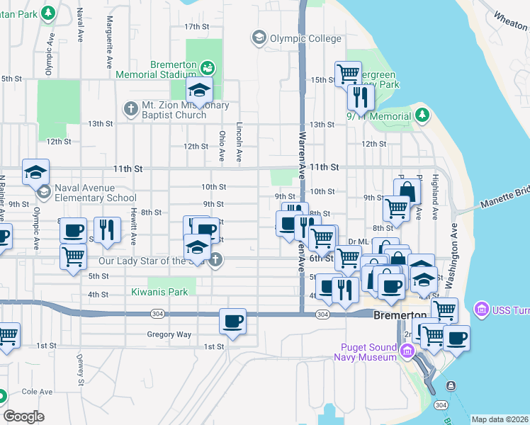 map of restaurants, bars, coffee shops, grocery stores, and more near 826 Chester Avenue in Bremerton