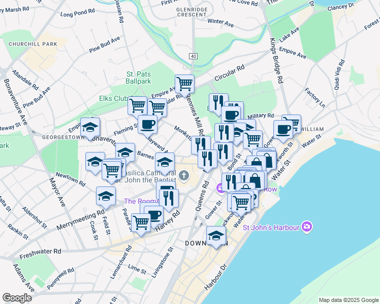 map of restaurants, bars, coffee shops, grocery stores, and more near 10 Catherine Street in St. John's