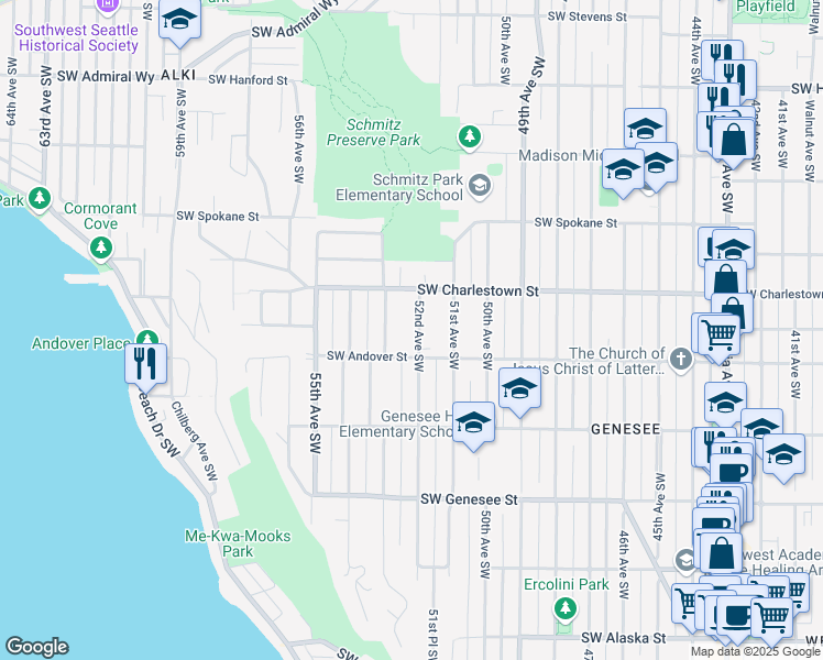 map of restaurants, bars, coffee shops, grocery stores, and more near 3835 52nd Avenue Southwest in Seattle