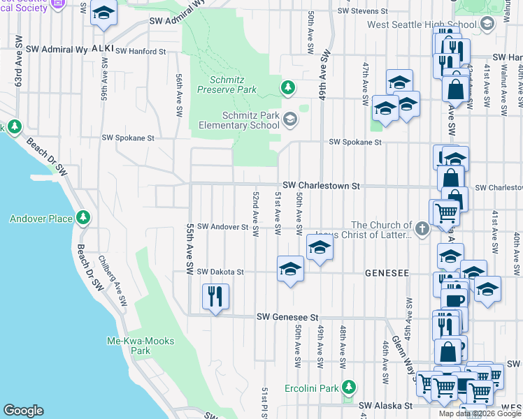 map of restaurants, bars, coffee shops, grocery stores, and more near 3828 52nd Avenue Southwest in Seattle