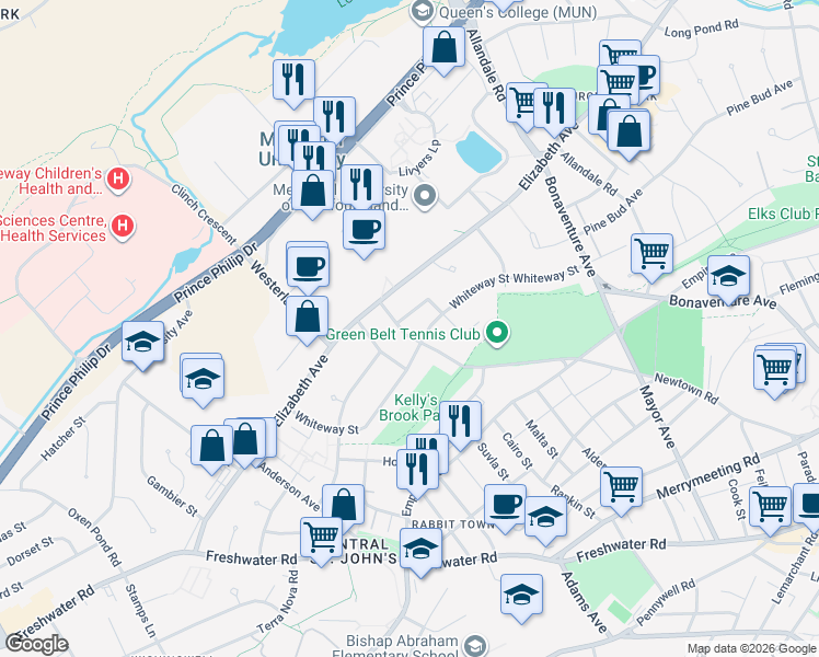 map of restaurants, bars, coffee shops, grocery stores, and more near 136 Newtown Road in St. John's