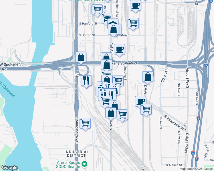 map of restaurants, bars, coffee shops, grocery stores, and more near 3667 1st Avenue South in Seattle
