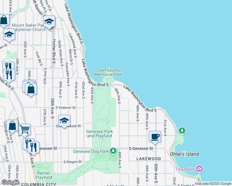 map of restaurants, bars, coffee shops, grocery stores, and more near 3820 45th Avenue South in Seattle