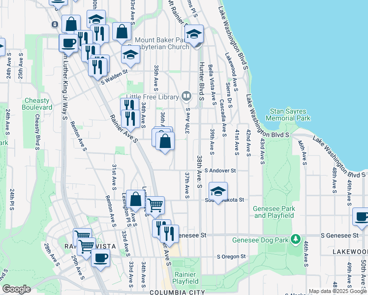 map of restaurants, bars, coffee shops, grocery stores, and more near 3808 37th Avenue South in Seattle