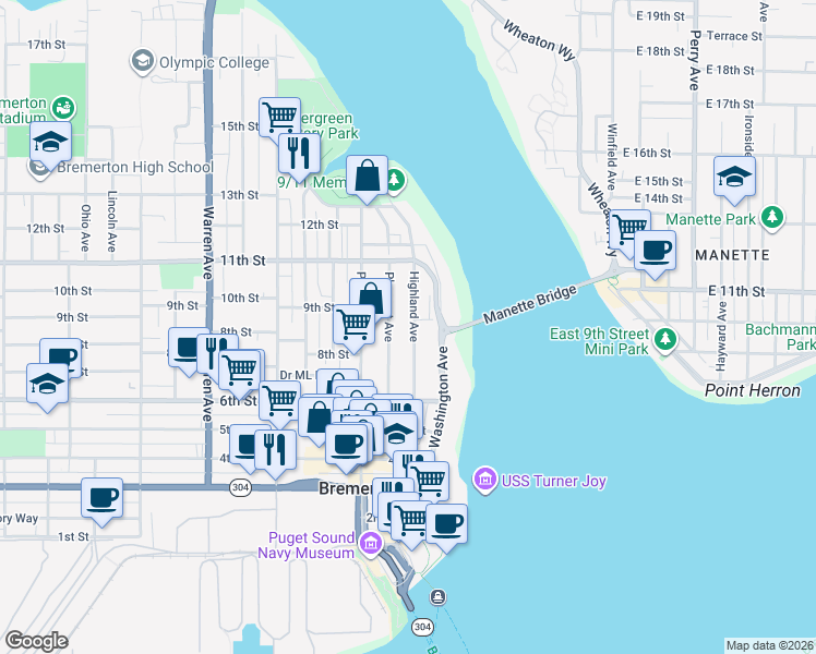 map of restaurants, bars, coffee shops, grocery stores, and more near 903 Highland Avenue in Bremerton