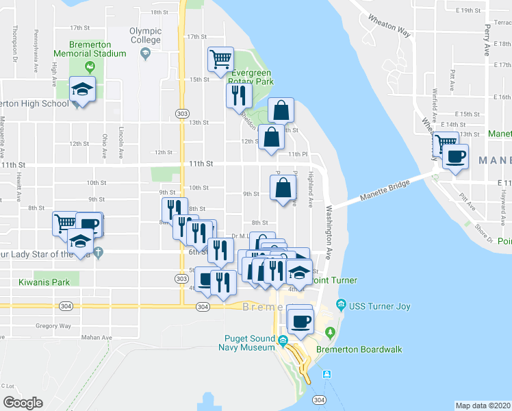 map of restaurants, bars, coffee shops, grocery stores, and more near 828 Cogean Avenue in Bremerton