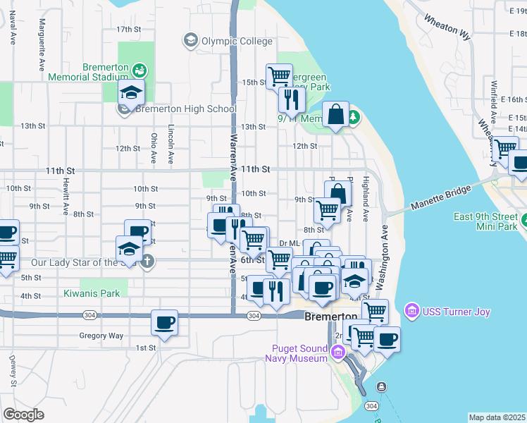 map of restaurants, bars, coffee shops, grocery stores, and more near 814 8th Street in Bremerton