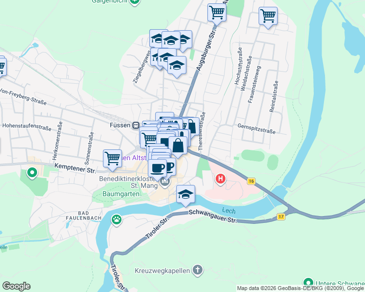 map of restaurants, bars, coffee shops, grocery stores, and more near 5 Kaiser-Maximilian-Platz in Füssen