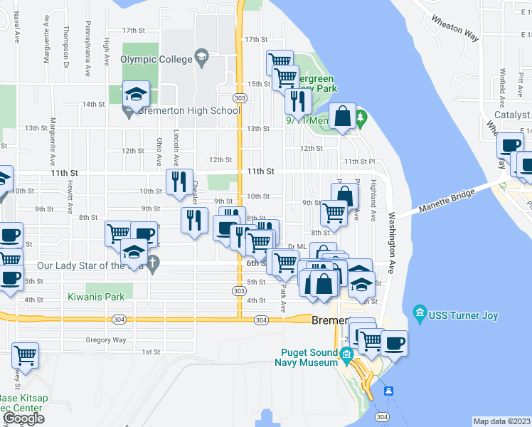 map of restaurants, bars, coffee shops, grocery stores, and more near 818 8th Street in Bremerton
