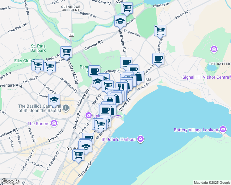 map of restaurants, bars, coffee shops, grocery stores, and more near 59 Gower Street in St. John's
