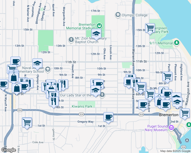map of restaurants, bars, coffee shops, grocery stores, and more near 1511 9th Street in Bremerton