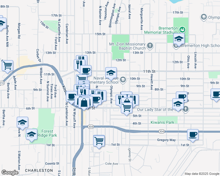 map of restaurants, bars, coffee shops, grocery stores, and more near 2301 9th Street in Bremerton