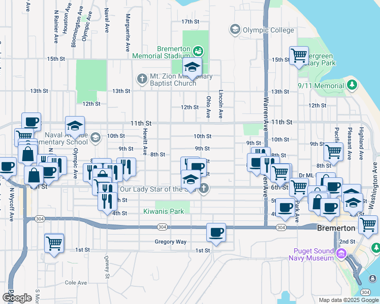 map of restaurants, bars, coffee shops, grocery stores, and more near 1511 9th Street in Bremerton