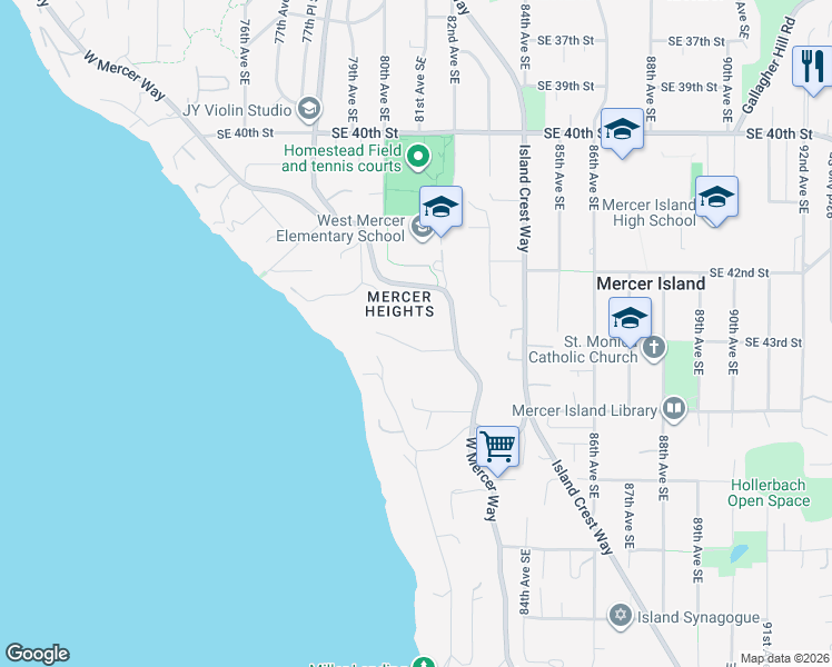 map of restaurants, bars, coffee shops, grocery stores, and more near 8100 Evergreen Lane in Mercer Island