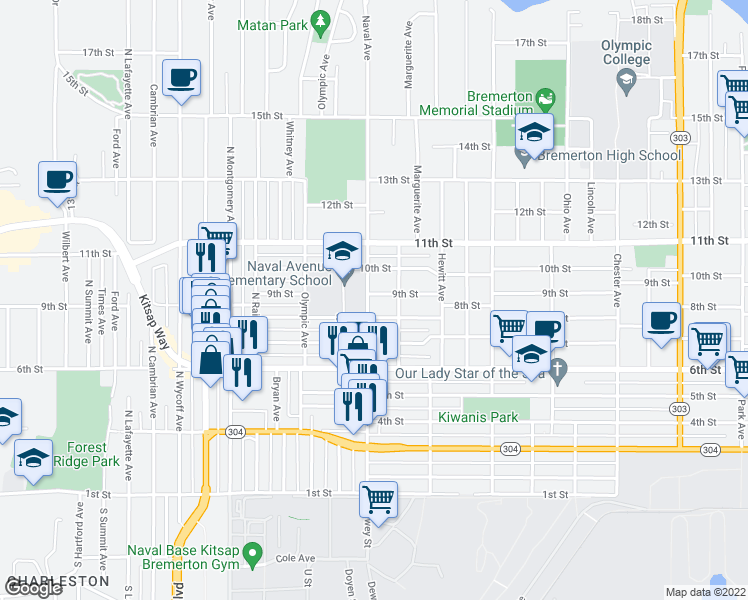 map of restaurants, bars, coffee shops, grocery stores, and more near 2021 9th Street in Bremerton