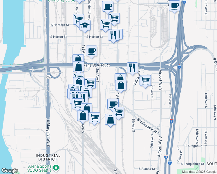 map of restaurants, bars, coffee shops, grocery stores, and more near 400 South Spokane Street in Seattle