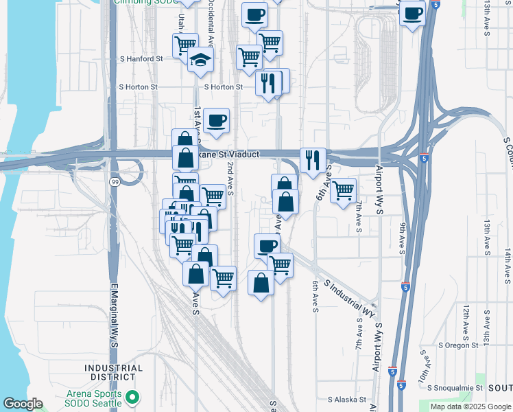 map of restaurants, bars, coffee shops, grocery stores, and more near 400 South Spokane Street in Seattle