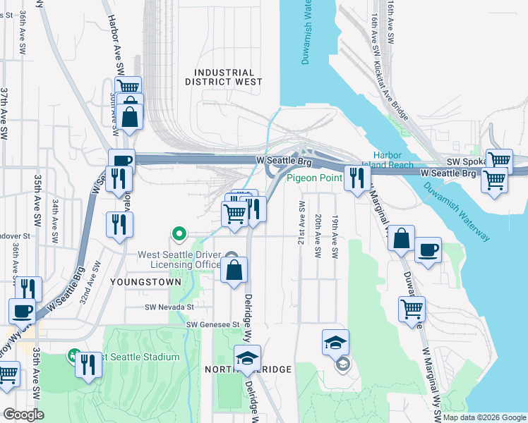 map of restaurants, bars, coffee shops, grocery stores, and more near 3823 23rd Avenue Southwest in Seattle