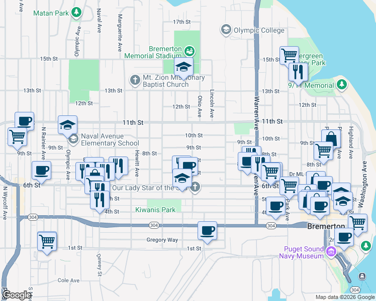 map of restaurants, bars, coffee shops, grocery stores, and more near 811 Veneta Avenue in Bremerton