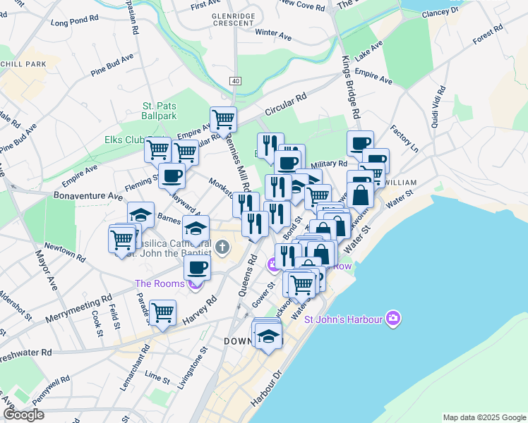 map of restaurants, bars, coffee shops, grocery stores, and more near 124 Military Road in St. John's
