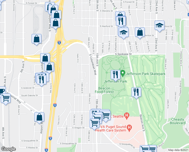 map of restaurants, bars, coffee shops, grocery stores, and more near 3808 14th Avenue South in Seattle