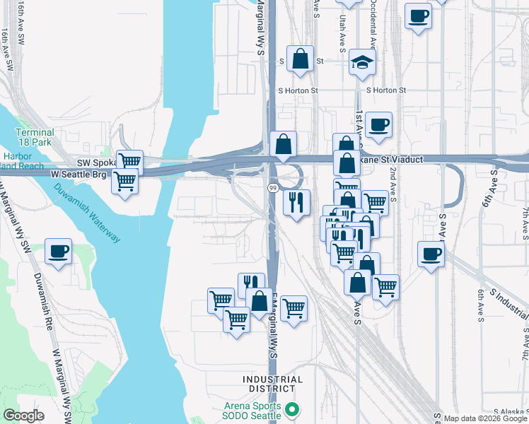 map of restaurants, bars, coffee shops, grocery stores, and more near 3801 East Marginal Way S in Seattle