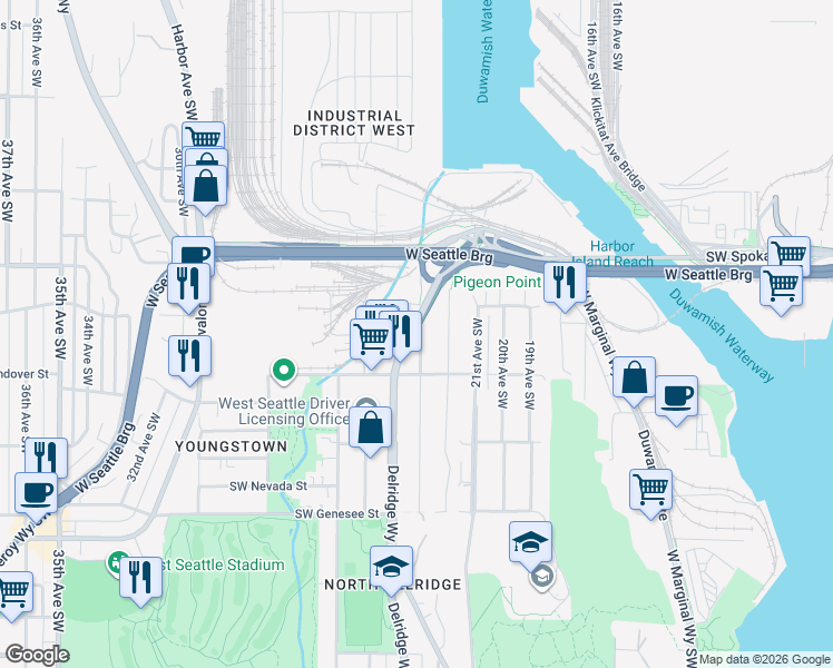 map of restaurants, bars, coffee shops, grocery stores, and more near 3823 23rd Avenue Southwest in Seattle