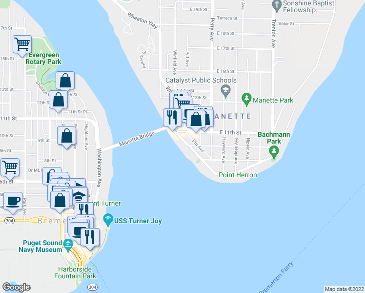 map of restaurants, bars, coffee shops, grocery stores, and more near 148 Shore Drive in Bremerton