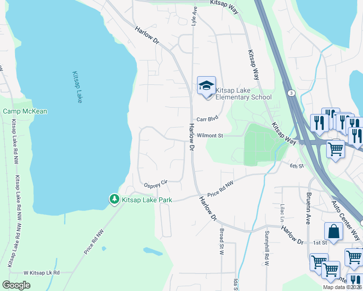 map of restaurants, bars, coffee shops, grocery stores, and more near 7017 Osprey Circle in Bremerton