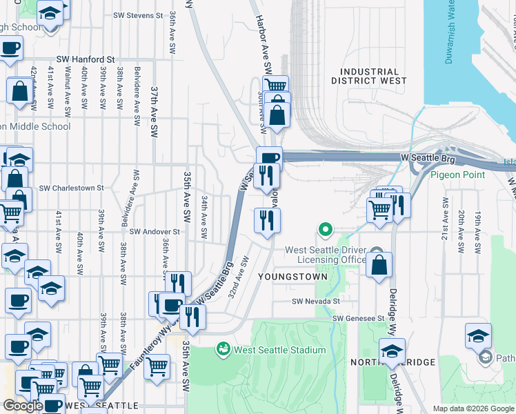 map of restaurants, bars, coffee shops, grocery stores, and more near 3022 Southwest Bradford Street in Seattle