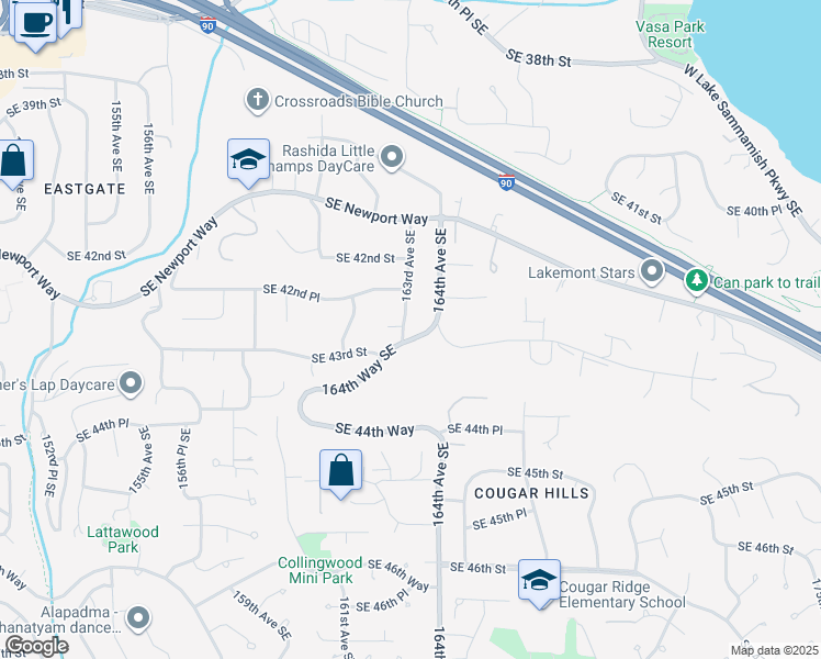 map of restaurants, bars, coffee shops, grocery stores, and more near 4266 163rd Avenue Southeast in Bellevue