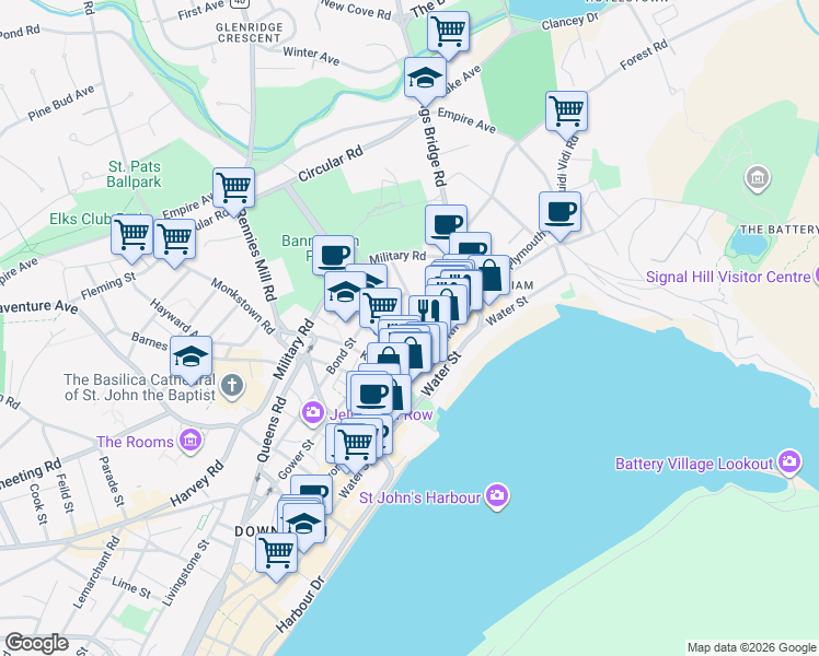 map of restaurants, bars, coffee shops, grocery stores, and more near 57 Gower Street in St. John's