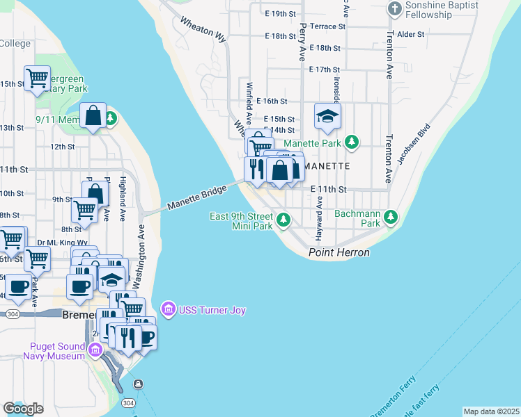 map of restaurants, bars, coffee shops, grocery stores, and more near 201 Shore Drive in Bremerton