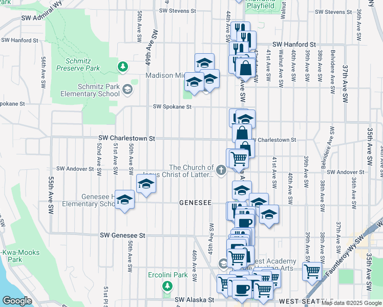 map of restaurants, bars, coffee shops, grocery stores, and more near 3825 46th Avenue Southwest in Seattle