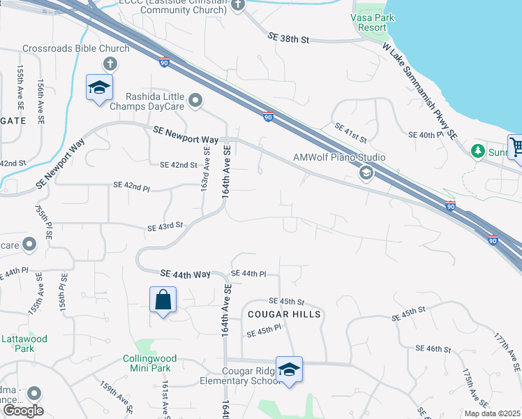 map of restaurants, bars, coffee shops, grocery stores, and more near 16522 Southeast 43rd Street in Bellevue