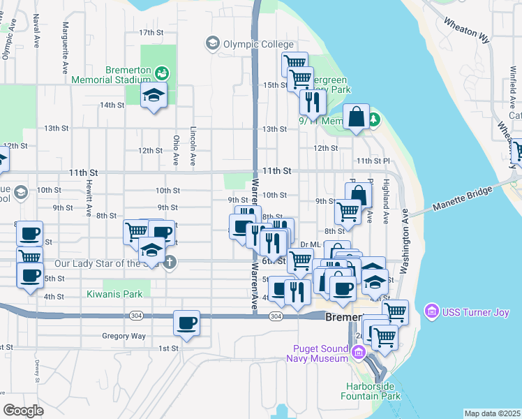 map of restaurants, bars, coffee shops, grocery stores, and more near 806 Warren Avenue in Bremerton