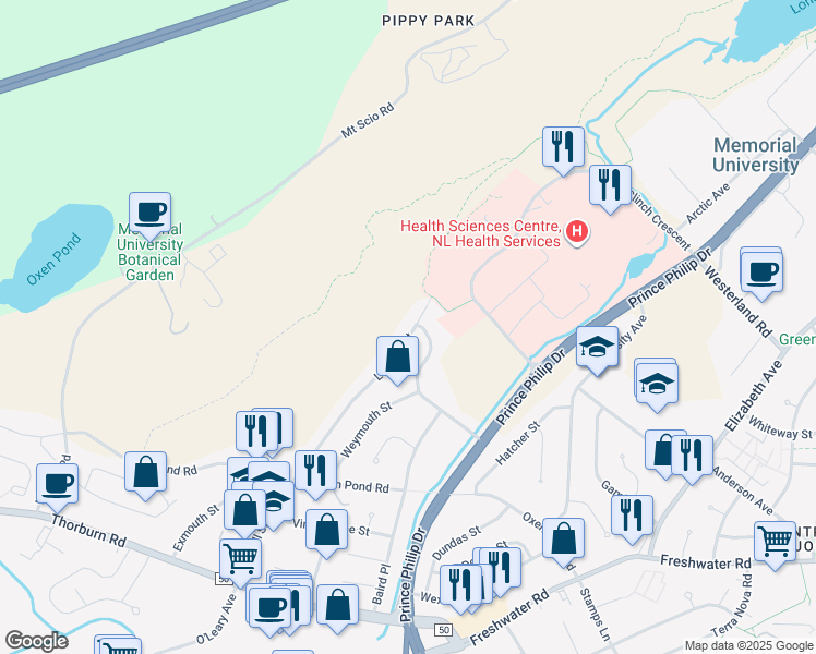 map of restaurants, bars, coffee shops, grocery stores, and more near 99 Larkhall Street in St. John's