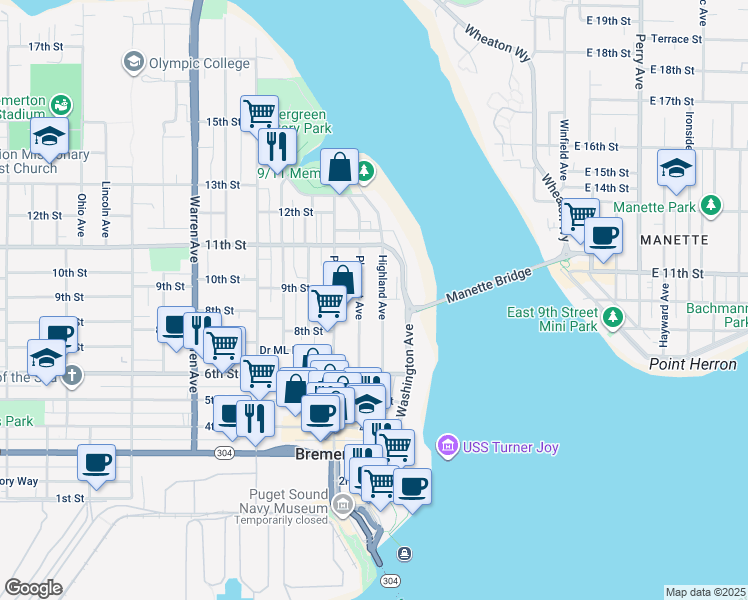 map of restaurants, bars, coffee shops, grocery stores, and more near 663 Highland Avenue in Bremerton