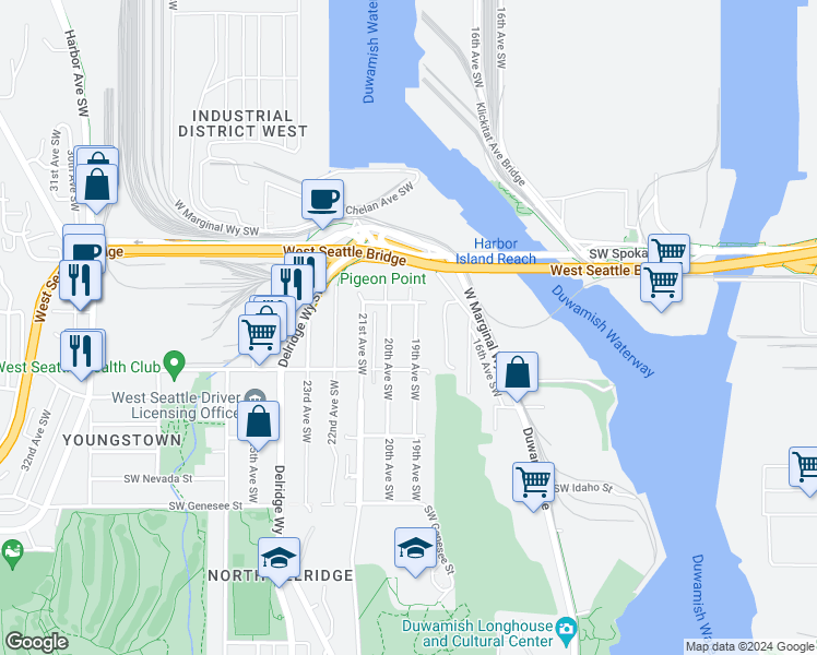 map of restaurants, bars, coffee shops, grocery stores, and more near 3821 19th Avenue Southwest in Seattle