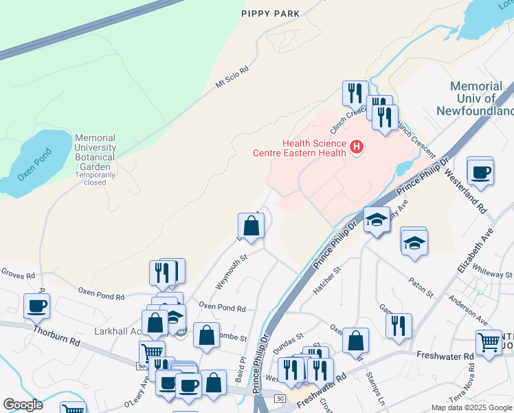 map of restaurants, bars, coffee shops, grocery stores, and more near 99 Larkhall Street in St. John's