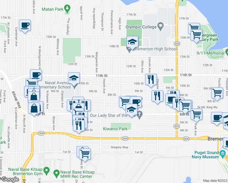 map of restaurants, bars, coffee shops, grocery stores, and more near 808 Pennsylvania Avenue in Bremerton
