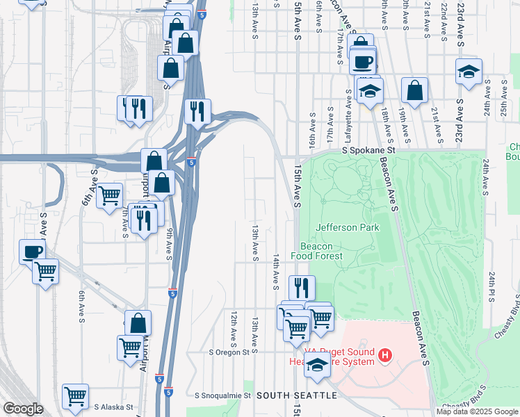 map of restaurants, bars, coffee shops, grocery stores, and more near 3808 13th Avenue South in Seattle