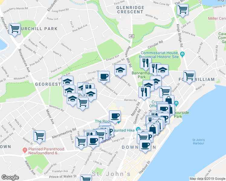 map of restaurants, bars, coffee shops, grocery stores, and more near 62 William Street in St. John's