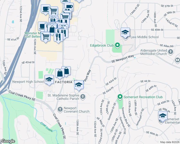 map of restaurants, bars, coffee shops, grocery stores, and more near 12025 131st Place Southeast in Bellevue