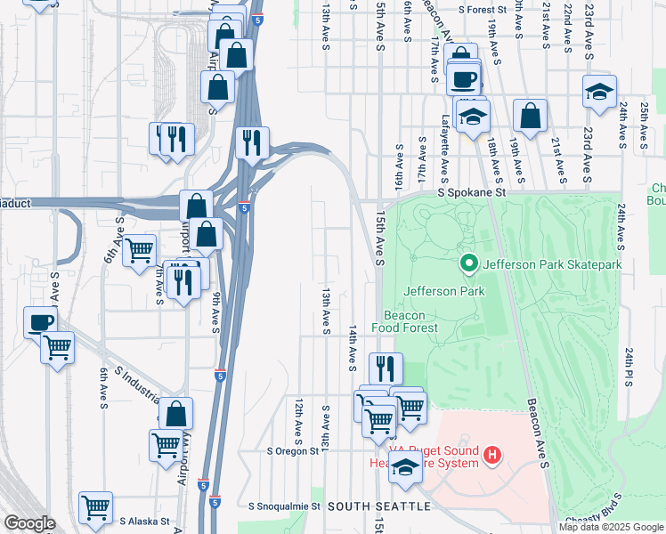 map of restaurants, bars, coffee shops, grocery stores, and more near 3808 13th Avenue South in Seattle