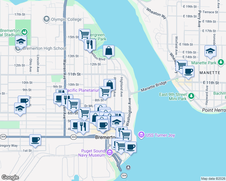 map of restaurants, bars, coffee shops, grocery stores, and more near 830 Pacific Avenue in Bremerton